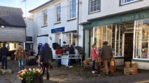 Cobbles outside 20 and 21 Churchtown repaired by St Agnes Museum in 1989. Photograph taken in 2020 during the filming of a Rosamunde Pilcher production.